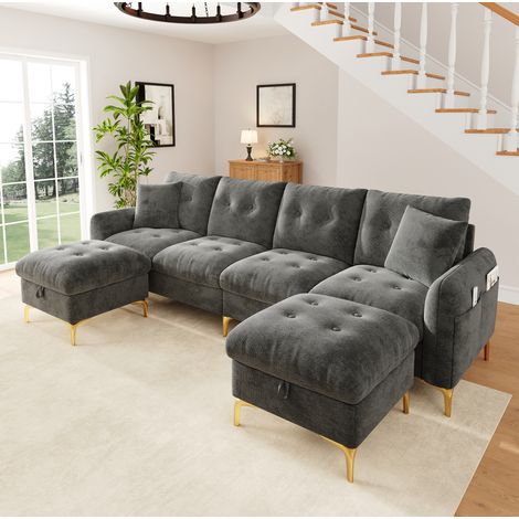 Divano modulare 263/137/85 cm grigio in ciniglia con 2 pouf contenitore (1/5)