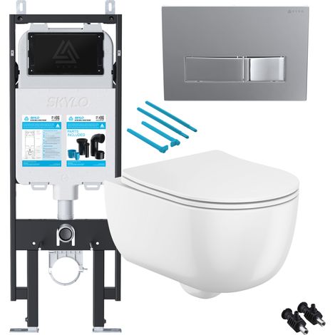 Gloss White Rimless Wall Hung Toilet with 1.14m Concealed Cistern Frame Set - Chrome Plate (1/4)