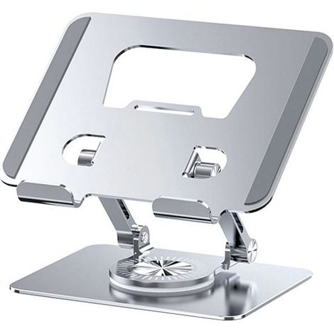 Supporto universale per laptop con base girevole a 360°, altezza e angolazione regolabili, mensola da lettura pieghevole a parete, colore argento.