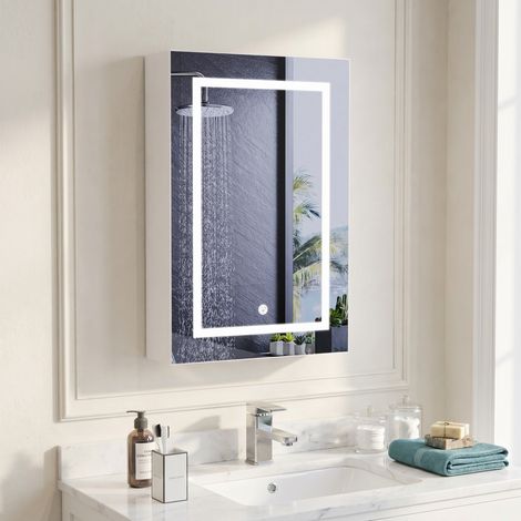 Armoire salle de bain miroir 50×70cm, armoire de toilette miroir à simple porte, armoire murale avec Éclairage LED réglable, Miroir HD tactile pour Salle de Bain/Cuisine/Chambre