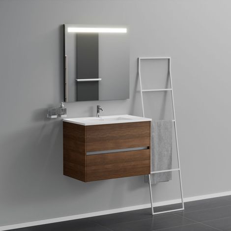 Inda - Badezimmerschrank 2 Schubladen L.80 mit beleuchtetem Spiegelwaschbecken - Braune Eiche