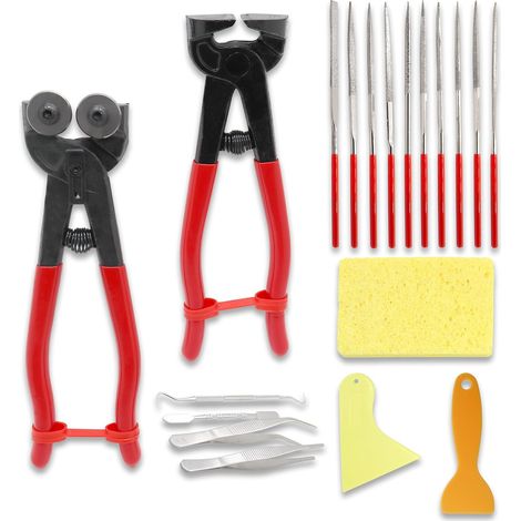 Lot de 19 Outils de Mosaïque avec Ciseaux à Verre, Ciseaux à Carrelage, Pinces à Chammer, Pinces à épiler, Double Crochet, Spatule, Raclette, éponge pour Couper et Poncer le Verre et la (1/5)