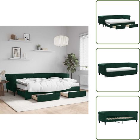 The Living Store Tagesbett Ausziehbar mit Schubladen Dunkelgrün 80x200 cm Samt - Sofa - Schlafsofa - Gästebett - Tagesbett - Doppelbett (1/5)