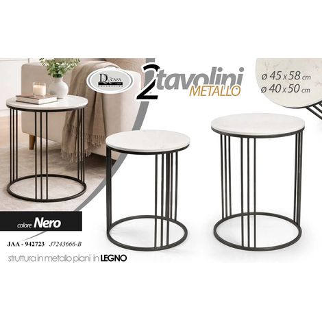 Set 2 tavolini tondi in ferro colore nero/bianco