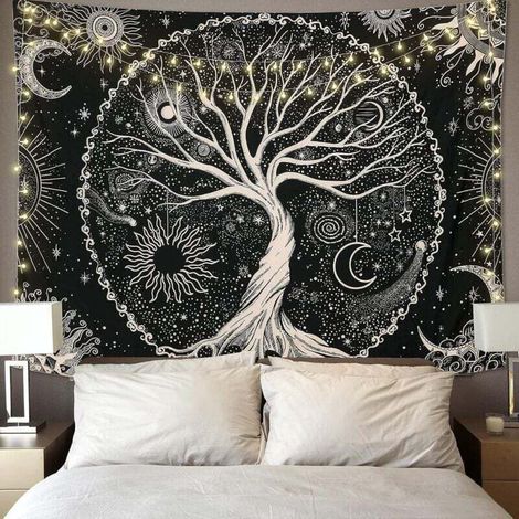 Arbre de Vie Tapisserie Lune et Soleil Noir Tenture Murale Tapisserie Psychédélique Mandala Étoilé Tapisserie Murale Hippie Mur Art Décor pour Chambre Dortoir Fête (130x150cm) (1/4)