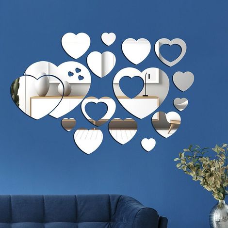 Lot de 16 stickers muraux en acrylique miroir 3D – Autocollants décoratifs en forme de cœur – Faciles à coller et à enlever