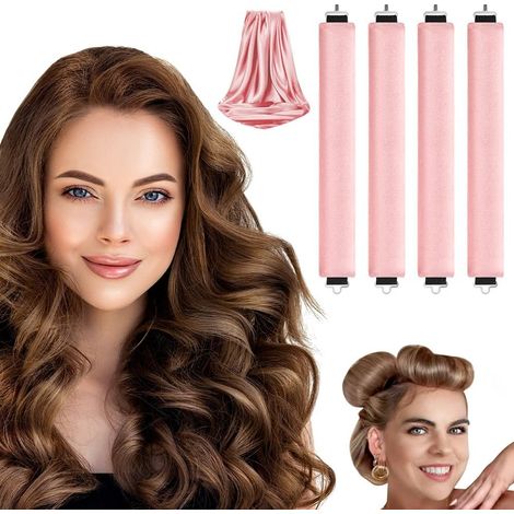 4Pcs Boucles sans chaleur, Bigoudis Cheveux, Cheveux bouclés femme, igoudis de Sommeil doux,No Heat Caoutchouc Hair Rollers for Most Hairstyles,Bricolage Outils de Coiffure(Rose) (1/5)