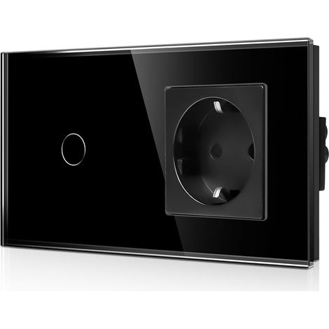 Interrupteur d'éclairage en verre et prise Schuko encastré - Interrupteur tactile avec statut LED - Interrupteur mural avec cadre en verre - 1 compartiment noir (1/5)