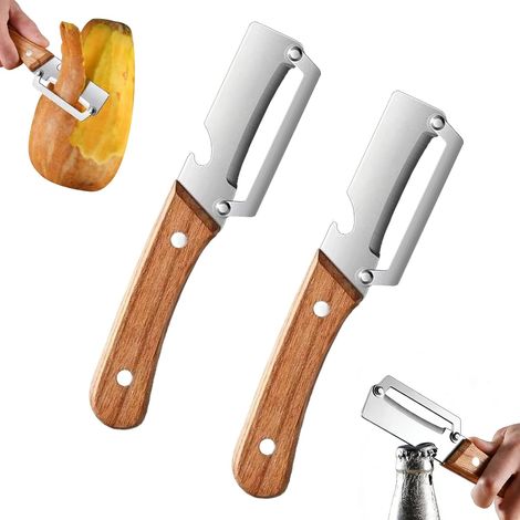 2er-Set Sparschäler – 2-in-1 Kartoffelschäler mit Flaschenöffner – Gemüseschäler aus Edelstahl mit Holzgriff und breiter Klinge – Gemüse