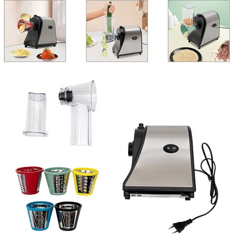 Cortador eléctrico de verduras, cortador de verduras de tambor, 1000 W, 5 cuchillas cónicas, estructura de acero inoxidable, acabado plateado y negro. (1/5)