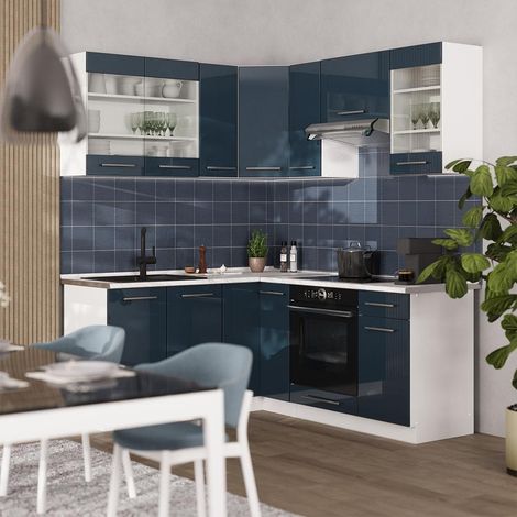 Armarios de cocina Fame-Line, Azul oscuro alto brillo/Blanco, 190 x 160 cm sin encimera, Vicco (1/5)