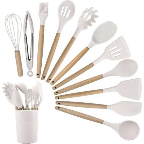 Lot de 12 Ustensiles de cuisine en silicone, résistants à la chaleur, antiadhésifs, passent au lave-vaisselle, ergonomiques, adaptés à un usage alimentaire, avec seau de stockage (1/5)
