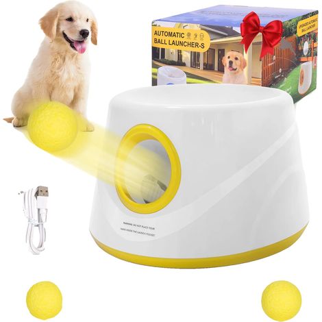 Lanzador automático de pelotas para perros, juguete interactivo, diseño duradero, amarillo, 5 pelotas (1/2)