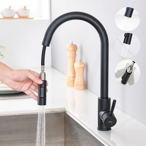 Mitigeur de cuisine noir haute pression avec douchette extractible 40cm, corps laiton, cartouche céramique, flexible anti-éclaboussures. (1/5)