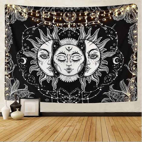 Tapisserie murale Mandala Grande Vague avec coucher de soleil, tapisserie océan en noir et blanc, tenture murale pour salon ou chambre - Versailles (M/130x (1/4)