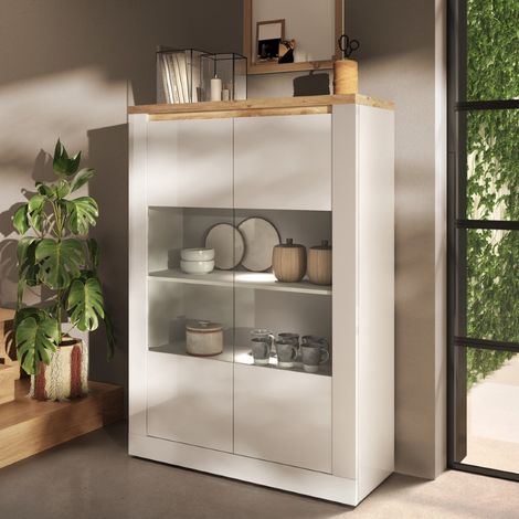 Vitrine moderne 2 portes laqué blanc et bois + led ARIA (1/5)