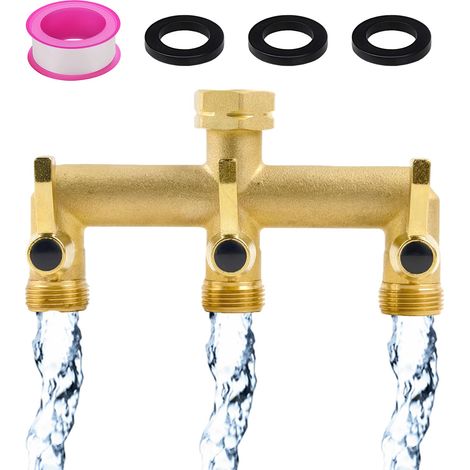 Adaptateur de Robinet à 3 Voies en Laiton, pour Tuyaux de Jardin, 3-Voies Séparateur de Tuyau, Raccord de Tuyau 3 Voies, avec 1 Rouleau Ruban adhésif à Base d'eau et 3 Rondelles Caoutchouc (1/5)