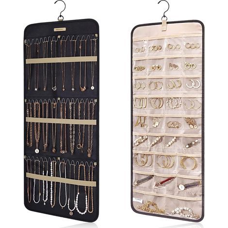 Organisateur de bijoux à suspendre, porte-collier anti-enchevêtrement, boucles d'oreilles, bagues, avec 10 sacs à bijoux, rouleau de rangement de voyage avec poches à accrocher au placard, au mur, à l (1/5)