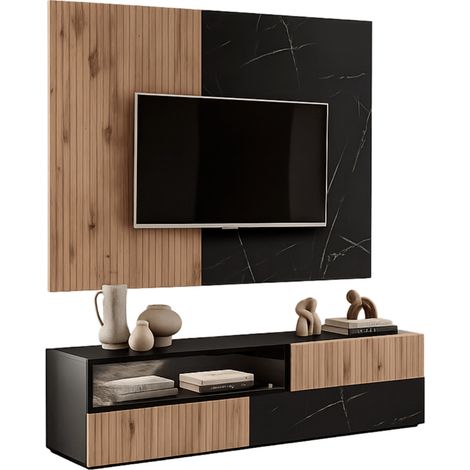Ensemble Meuble TV Mural "Cannes I" 180cm Noir & Naturel (1/4)