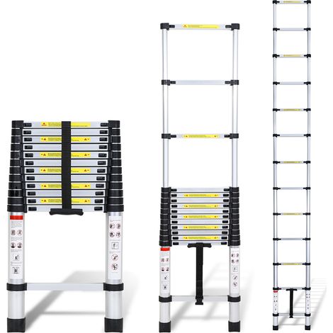 Randaco Echelle Télescopique stable en aluminium Multi-Fonction jusqu'à 150 kg Escabeau 3,8 m