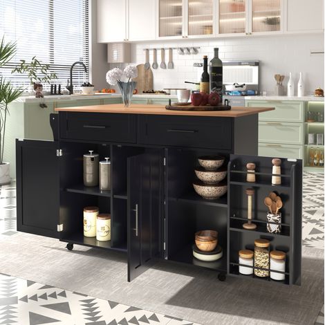 Desserte de cuisine plateau relevable, mobile, 129x46/71x91,5 cm, 3 portes, 2 tiroirs, MDF noir antique (1/5)