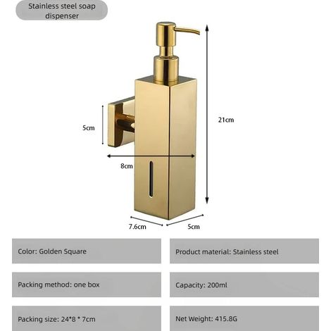 (Golden-Square) Flacon de gel hydroalcoolique en acier inoxydable, distributeur de savon liquide, flacon de gel douche, flacon suspendu, flacon mural (1/5)
