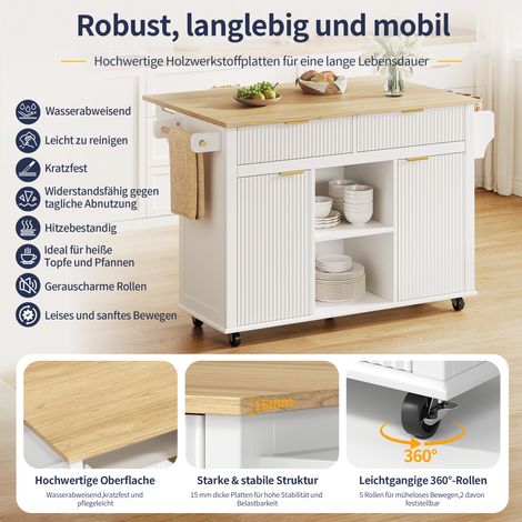 Îlot de cuisine mobile 120x45 cm, table rabattable, desserte roulante avec 2 tiroirs, 2 portes, étagères à épices, porte-serviettes, meuble de rangement sur roulettes, blanc (1/5)