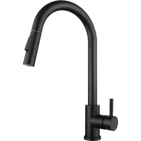 Cross-border 304 Stainless Steel Pull-out Kitchen Faucet, Brushed Gold Hot and Cold Water Faucet, Lead-free Sink and Dishwasher Faucet - Black [Straight Pull-out Head]