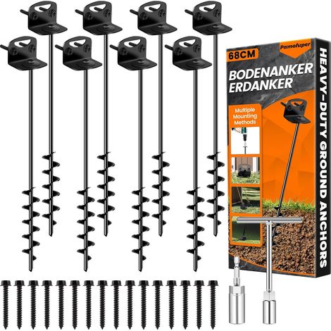 Lot de 8 ancrages au Sol à Visser de pour Trampoline – Kit d'ancrage pour caravane – Kit d'ancrage pour abri de jardin – Ancrages pour balançoires (8 X 66cm Lange Spirale) (1/5)