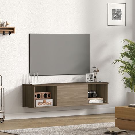 Wandmontierter TV-Schrank mit 2 offenen Fächern und Flügeltür, 120 x 30 x 29,5 cm, Braun
