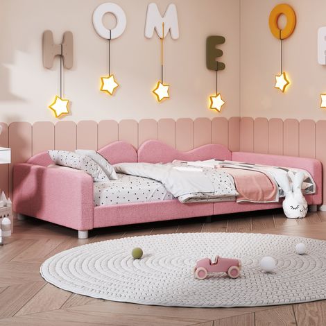 Letto singolo imbottito per bambini 90 x 200 cm, struttura divano letto in morbido tessuto di peluche, rosa (1/5)