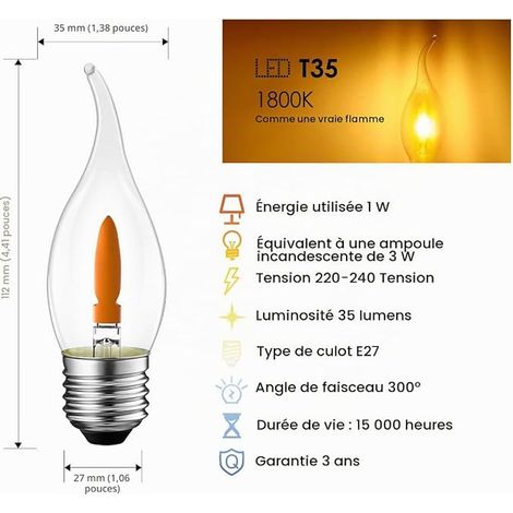 Ampoule E27 LED, 1W Ampoule Led E27 Blanc Chaud, Ampoules Dambiance, Ampoules Simulant des Flamme Ondulantes, Modélisation de la Flamme, 1800K Crépuscule, Non-dimmable (1/3)