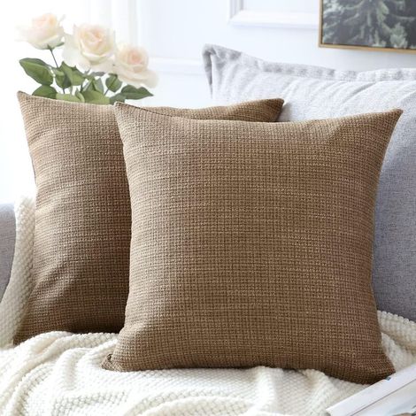 Lot de 2 housses de coussin en lin, 45x45 cm, couleur unie brun pour canapé, salon, chambre. (1/5)