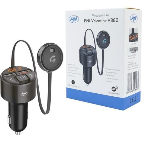 Modulateur FM PNI Valentine V880 avec Microphone, Bluetooth 5.0, Lecteur MP3, émetteur FM, Double Port USB (1/4)