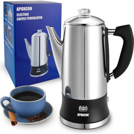 Percolateur électrique 12 tasses - Acier inoxydable, bouton en verre et fonction maintien au chaud. Base amovible sans fil