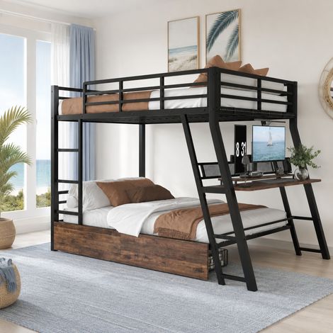 Hochbett 140 x 200 cm mit Schreibtisch, Schubladen und LED, Metall schwarz HAVRYA (1/5)