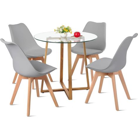 Ensemble table et 4 chaises design scandinave, plateau verre, pieds bois, gris (1/5)