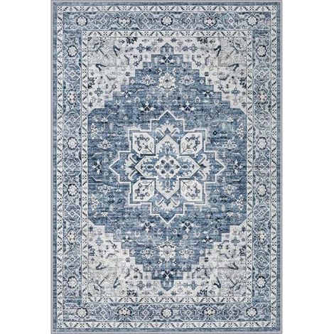 Tapis vintage bohème 140x200 cm – Tapis de salon bleu antidérapant et anti-salissure – Décoration intérieure pour cuisine, salle à manger, bureau et chambre (1/5)