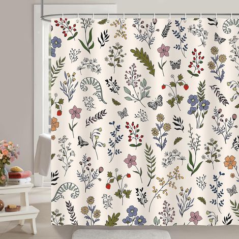 Rideau de Douche Fleurs Feuilles Rustique, Rideau de Baignoire Plante Herbes Papillon Rétro Boho 180 x 180 cm Polyester Imperméable Résistant à la Moisissure 12 Crochets (1/5)