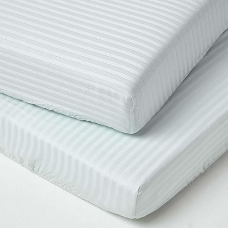 HOMESCAPES Blue Cotton Stripe Cot Bed Fitted Sheets 330 Thread Count, 2 Pack - Blue