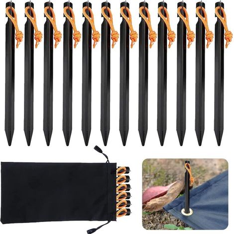 Set mit 12 Zeltheringen aus Aluminiumlegierung – Schwarz – Zeltnägel – Metallheringe für Zeltplanen, Camping, Strand und andere Bergsteigeraktivitäten (1/4)
