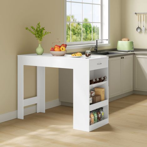 WOLTU Bartisch Stehtisch mit 1 Schublade 3 Ablagen Bistrotisch Küchentisch mit Weinregal für Bar Küche Wohnzimmer Esszimmer, 120x50x90cm, Weiß