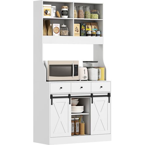 Garde-manger de cuisine avec 2 portes coulissantes, 3 tiroirs, blanc 93,5 x 40 x 180 cm, plan de travail micro-ondes et étagères réglables