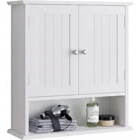 ELVMI Badezimmerschrank mit 2 Türen, Verstellbaren Einlegeböden und Offenem Fach, Wandmontage, MDF Weiß (1/5)