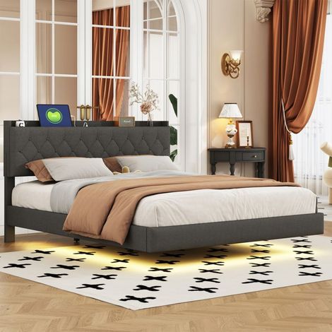 Estructura de Cama Doble NEXU, 160 x 200 cm, Cama Flotante, Cama para Adultos con Iluminación LED, Somier de Listones, Regleta, Gris