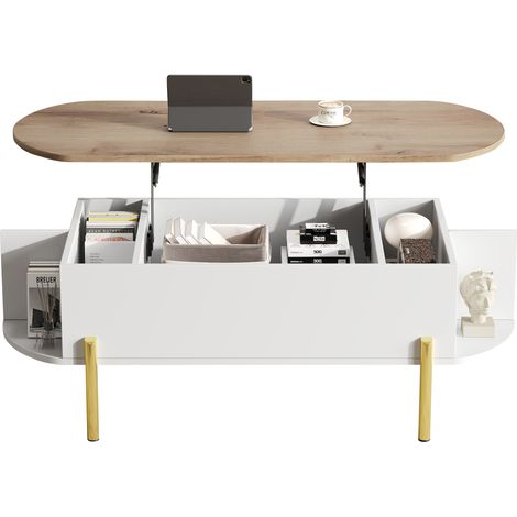 ELVMI Tavolino da Salotto Sollevabile con Vano Nascosto e 7 Ripiani, Piano Regolabile, MDF, Bianco, 120 x 50 x 43 cm (1/5)