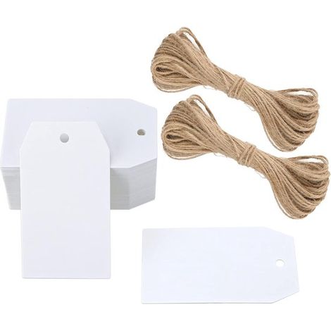 Lot de 100 étiquettes cadeaux – 4x7 cm – Blanc – Papier kraft – Corde jute – DIY (1/5)