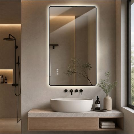 Miroir de salle de bains LED 60x100 cm, verre trempé, cadre noir, antibuée - CHICFURN (1/5)