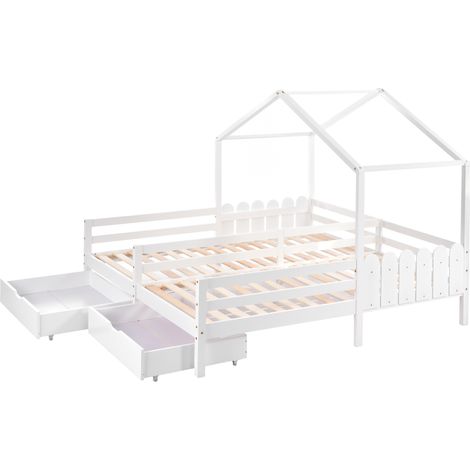 Cama cabaña doble infantil 200 x 90 cm blanca con 2 cajones y somier de lamas MODENUIT (1/5)