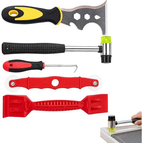 Set d’outils de vitrification 5 pièces – Kit pour vitrages, réparations & montages, inclus grattoir inox, marteau double tête, rouleau de pression, levier plastique, crochet pour joints (1/5)